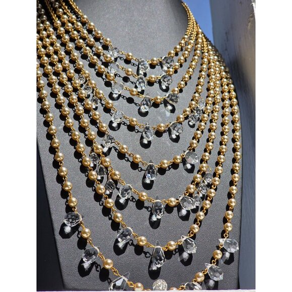 Rare Miriam Haskell 8 Tiered Crystal Gold Tone Faux Pearl Runway Statement - Picture 14 of 16